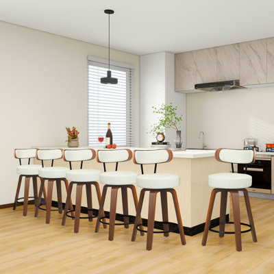 Swivel Counter Height Bar Stools Set of 6, Faux Leather Kitchen Stools Upholstered Barstools with Back, Walnut Wood Legs, Mid Century Island Chairs Counter Stools, 26" Seat Height