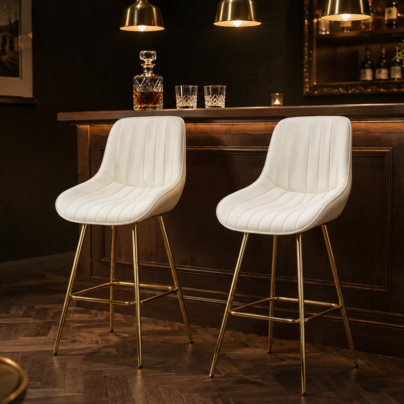 Amyris 30 inch Set of 2 Bar Stools,with Chrome Footrest Velvet Fabric Counter Stool Golden Leg Simple High Bar Stool, Cream