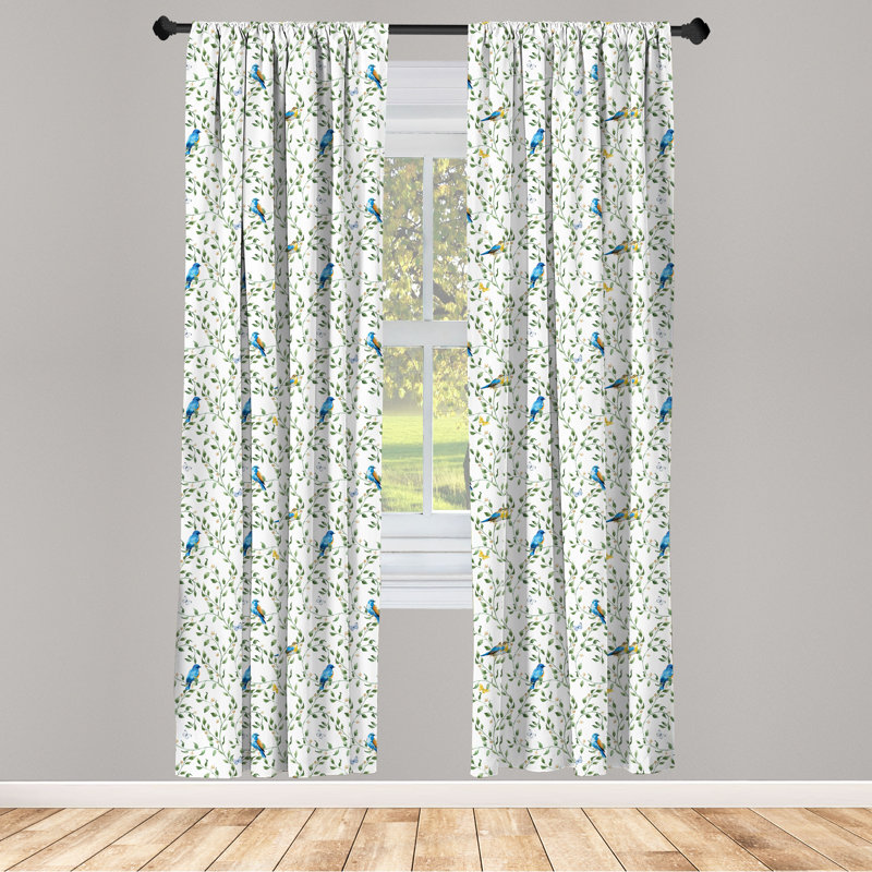East Urban Home Birds 4-Panel Curtains, Thin Leafy Branches Berries Reseda Green Multicolor, 56" W x 95" L