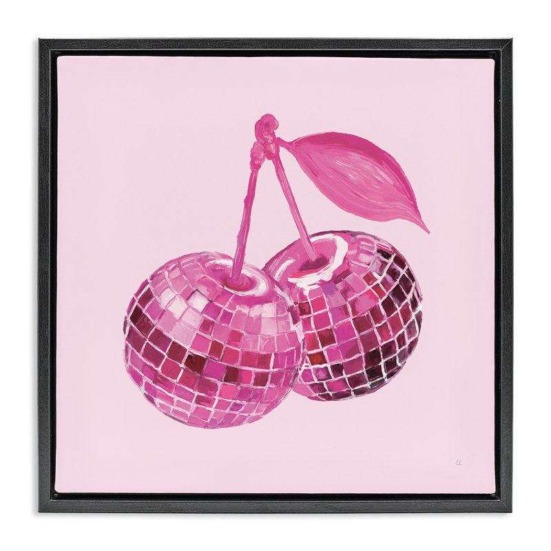 «Pink Glam Disco Cherries», art par Sarah Adams, Cadre flottant noir de jais, H 18 po x l 18 po