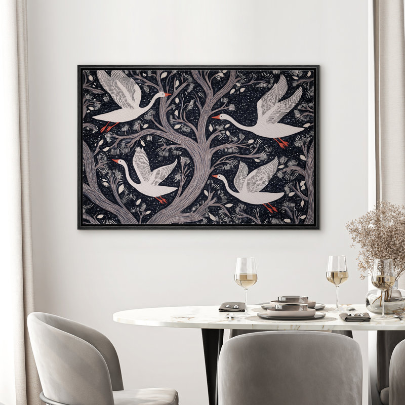 «Goose Illusion Tree Branches Retro Decor», impression sur toile encadrée, H 16 po x l 24 po, Noir, noir, noir, noir