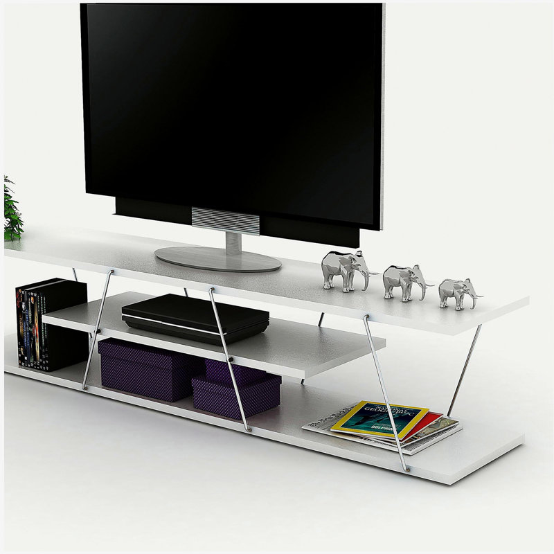 Meuble télé de style médiéval moderne avec 4 tablettes ouvertes, centre de divertissement avec rangement en fil métallique, meuble télé bas de 56 po, blanc