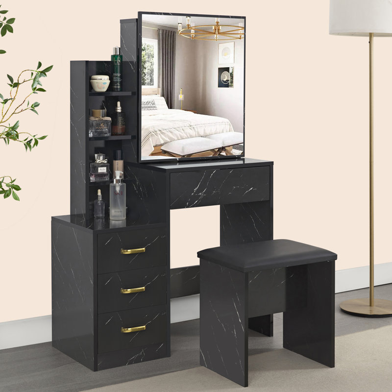Barranca Dressing Table with Sliding Mirror, Black Marble