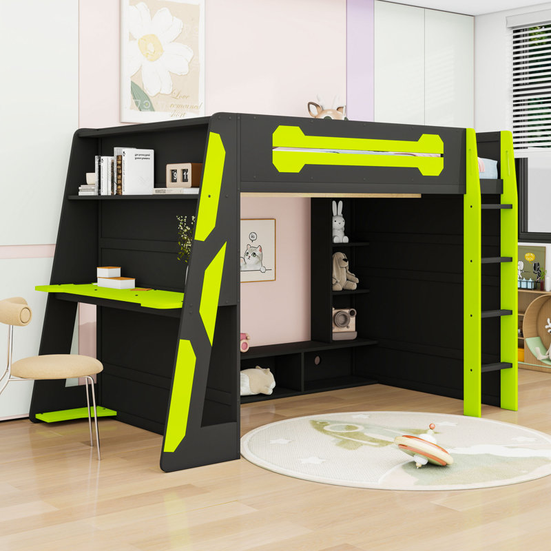 Lit mezzanine double avec bureau, lumière RVB et tablettes de rangement, Vert