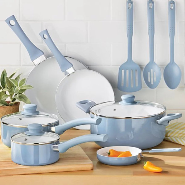 Pots and Pans Set,Aluminum Cookware Set, Nonstick Ceramic Coating, Fry Pan,  Stockpot with Lid, Blue,10 Pieces