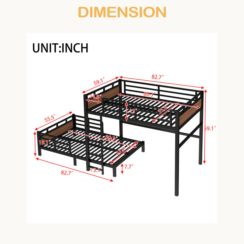 Metal Bunk Bed/Metal Loft Bed,Separable Bunk Beds,With Raised Security Fence, Walnut, Full XL over Full XL