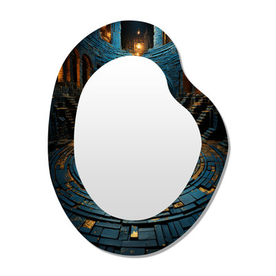 Morrilton Ancient Stone Maya Labyrinth II - Maze Unique Shape Mirror, Blue Freeform Unique Wall Mirror, Printed Metal Art