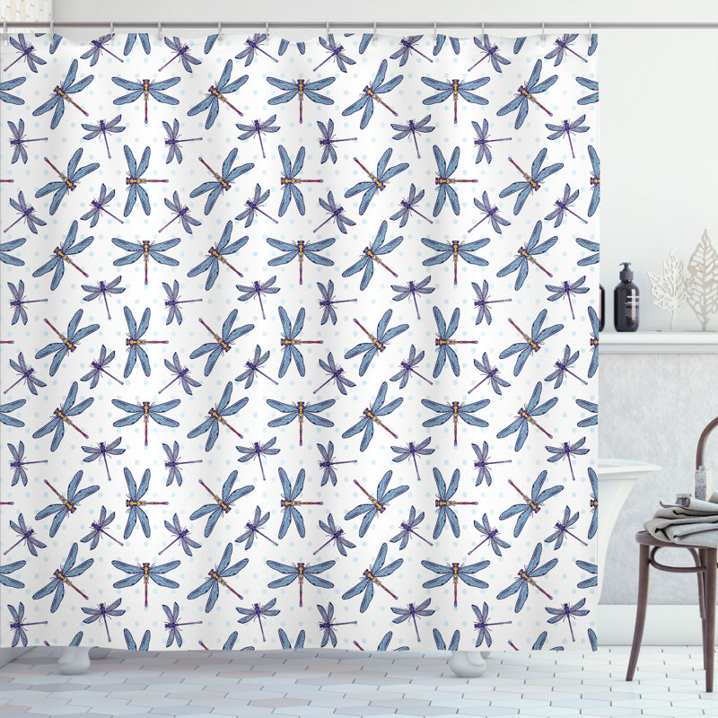 Dovecove Dragonfly Shower Curtain Hand Drawn Spring Bug Multicolor, 75"H x 69"W