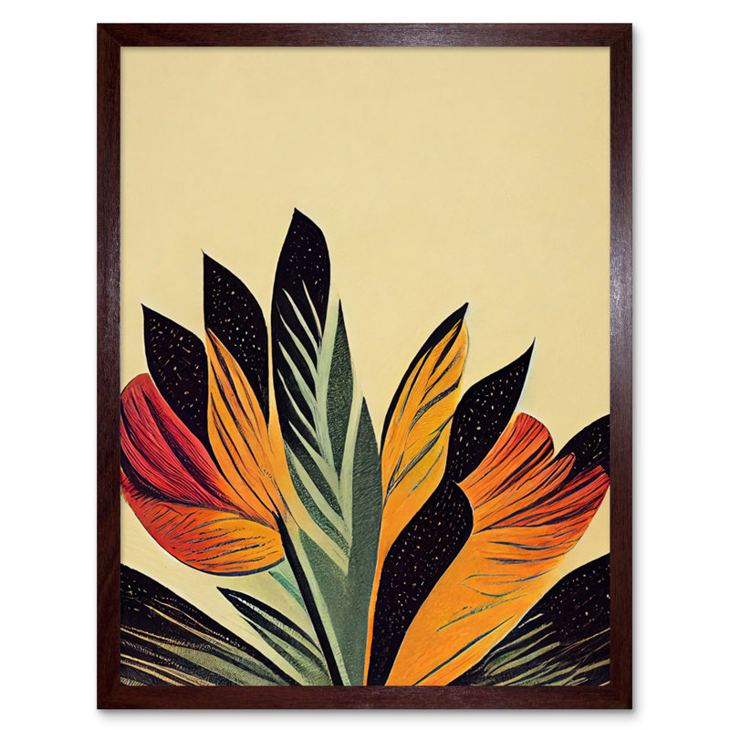 Abstract Retro Art Nouveau Flowers Bloom - Print, Brown Framed Paper, 25.9cm H x 20.6cm W