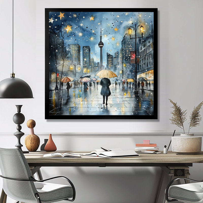 Vue nocturne de Toronto de la tour Cn I - art mural de Toronto, H 30 po x l 30 po, Reproduction encadrée, Noir