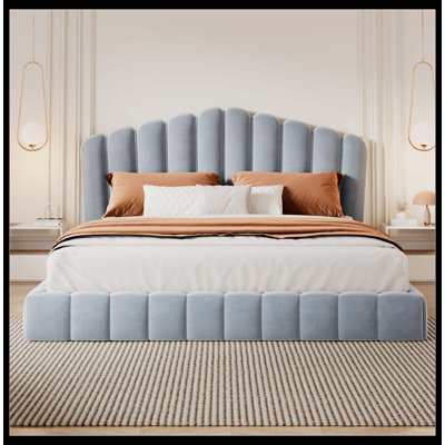 Velvet Upholstered Queen Bed Floor Bed Frame Shell-Shaped Headboard For Bedroom,No Box Spring Needed,Light Blue