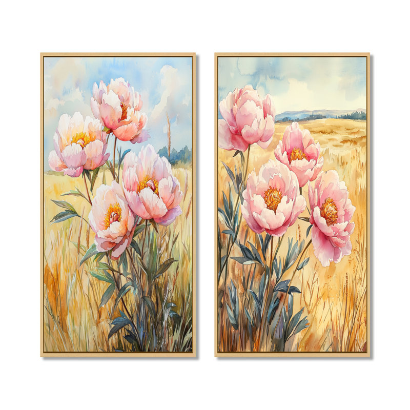 Pivoines dans le champ d'été I - Art mural floral 2 panneaux, H 32 po x l 33 po, Cadre crème crème