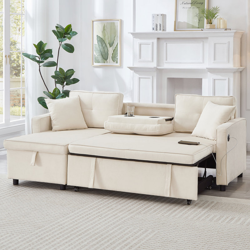 L Shaped Sofa Sleeper & Storage Chaise, Beige