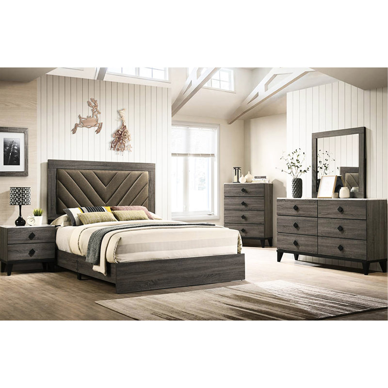 Grand lit en chêne foncé gris avec enchantement rustique, revêtement en tissu, nécessaire d'assemblage, couvert, requis