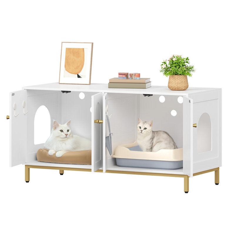 Cat Litter Box Enclosure for 2 Cats, 119cm Hidden Litter Box Furniture, Wooden Pet House, Cat furniture, Storage Cabinet Bench, Cats Condo, Cattery, White and Gold 