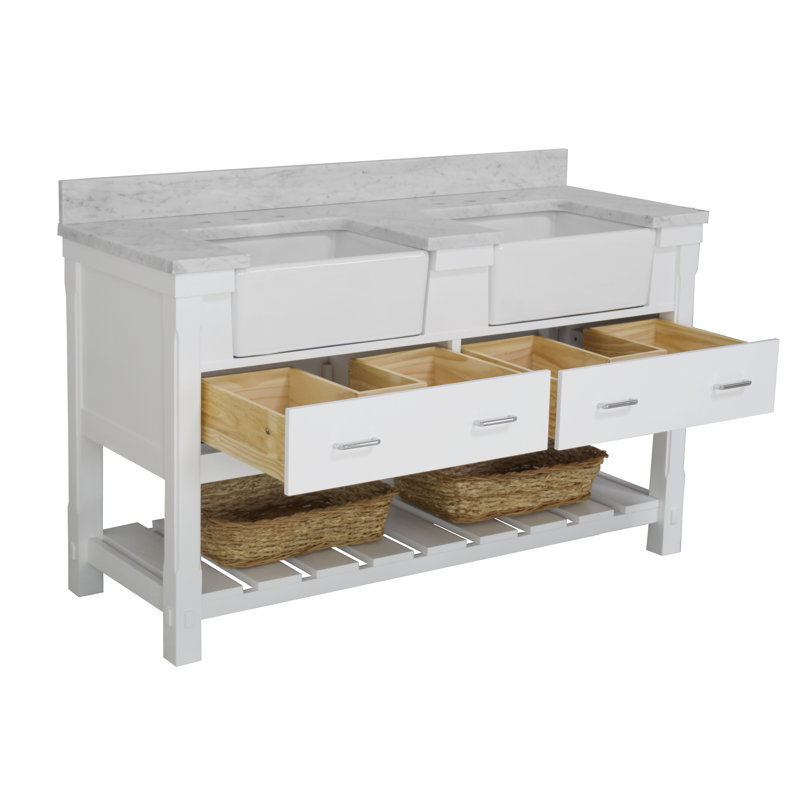 Hitton 60'' Double Bathroom Vanity with Top, White, Engineered Carrara