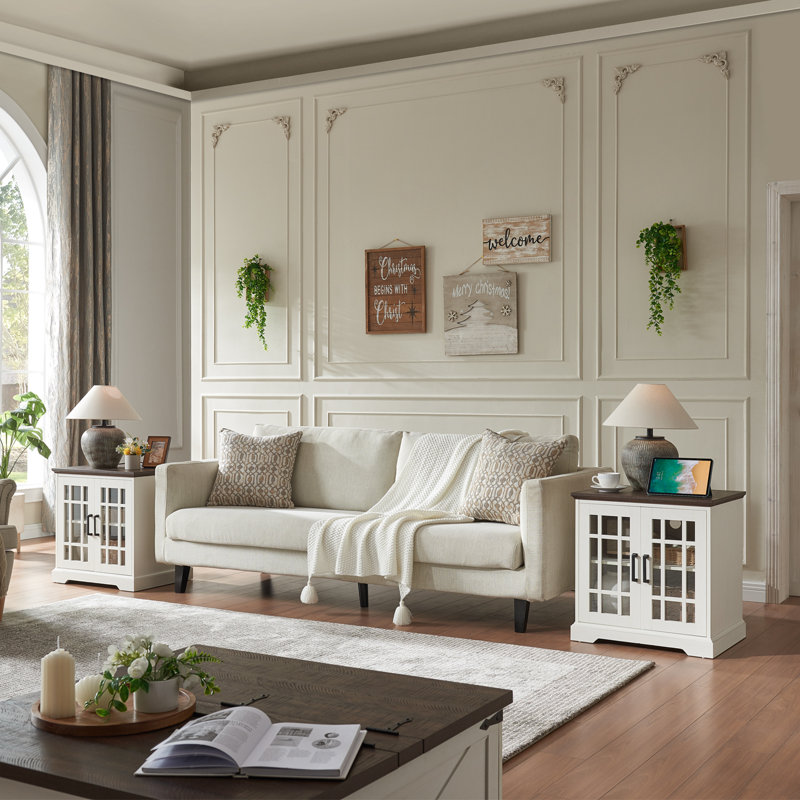 Table de bout Farmhouse Square avec station de charge et tablette de rangement réglable, Blanc, Bois brun