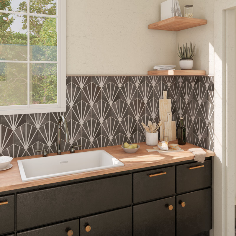 Horizon Dawn 7-3/4" x 9" Porcelain Patterned  Wall and Floor Tile, Nero