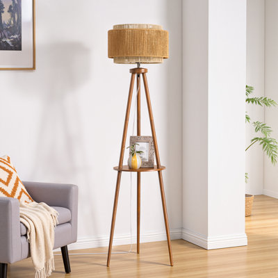 Lampe trépied 62,4 po avec abat-jour double en rotin, poteau en bois massif et tablettes, ampoule DEL incluse