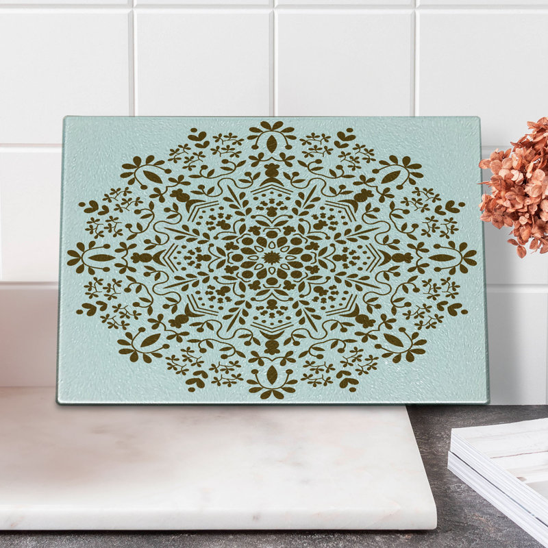 Planche à découper Ambesonne Mandala en verre trempé à motif floral abstrait brun et blanc