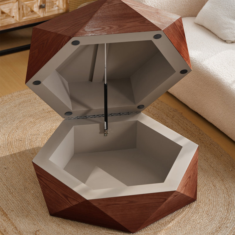 Table basse 36,61 po de style rétro avec plateau escamotable Polygon, espace caché rabattable, table basse cylindrique en placage de bois massif avec rangement pour le salon, la chambre à coucher et le bureau, rougeâtre