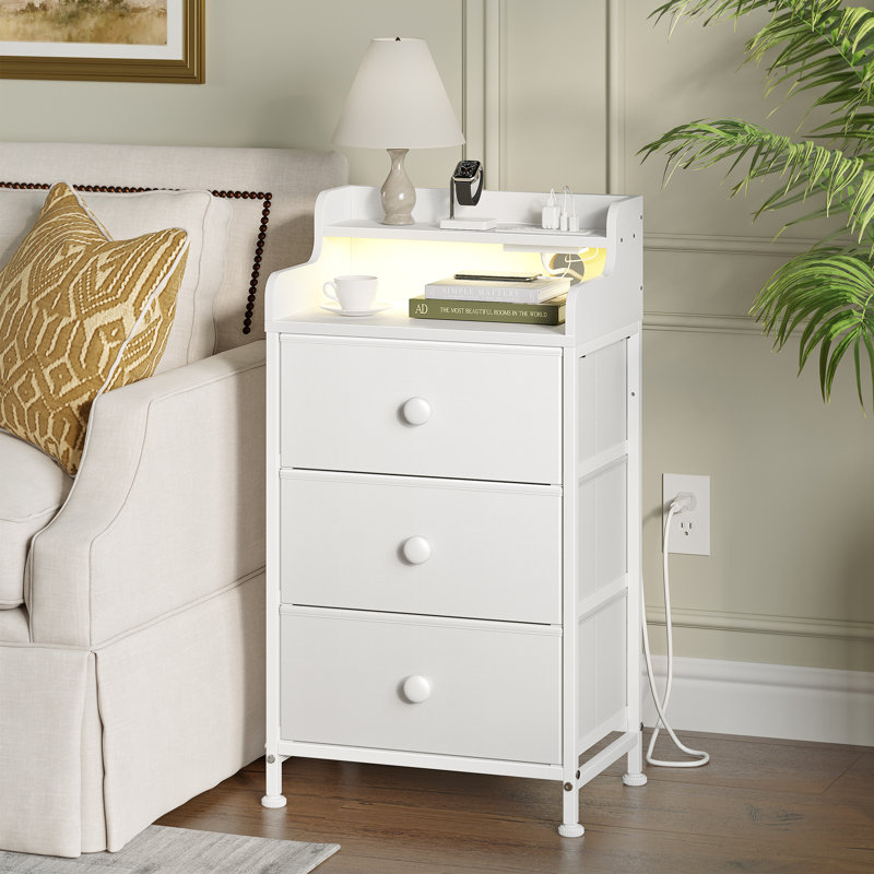 Nightstand With Outlets & LED Lights, End Table With3 Drawers & 2-Tier Open Shelf, Bedside Table For Bedroom, White