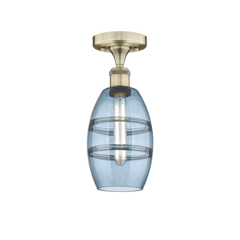 Plafonnier semi-encastré 1 lumière Edison - Abiagael, Laiton antique, Bleu princesse, H 8,25 po x l 5,88 po x P 5,88 po