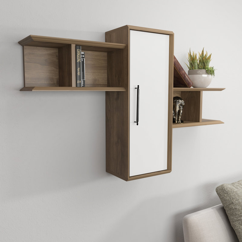 Olida Modern Wallshelf with a Cabinet, Walnut/White