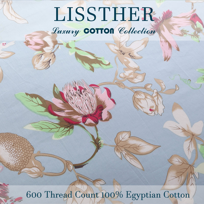  800TC 100% Egyptian Cotton Duvet Cover Set，3pcs Luxury Vintage Colorful Floral in Light Blue Bedding Set, Aesthetic Botanical Pattern for Bedroom Guest Room Student Dorm All Seasons