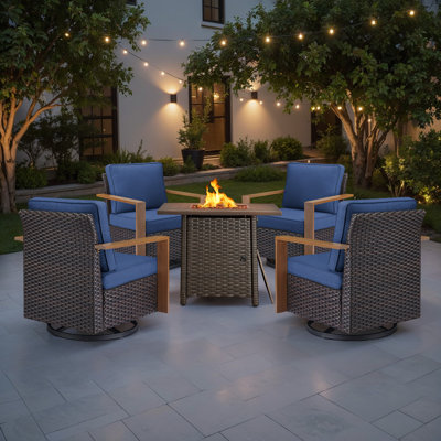 Drazen 4 - Person Patio Furniture Set With Fire Pit Table, All-Weather Wicker Outdoor Conversation Set With Chair And Thick Cushions