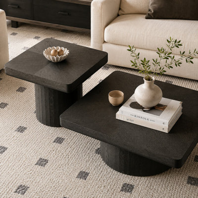 Modern Wood Nesting Coffee Table Set, 2-Piece Coffee Table with Cylindrical & Fluted Pedestal, Black