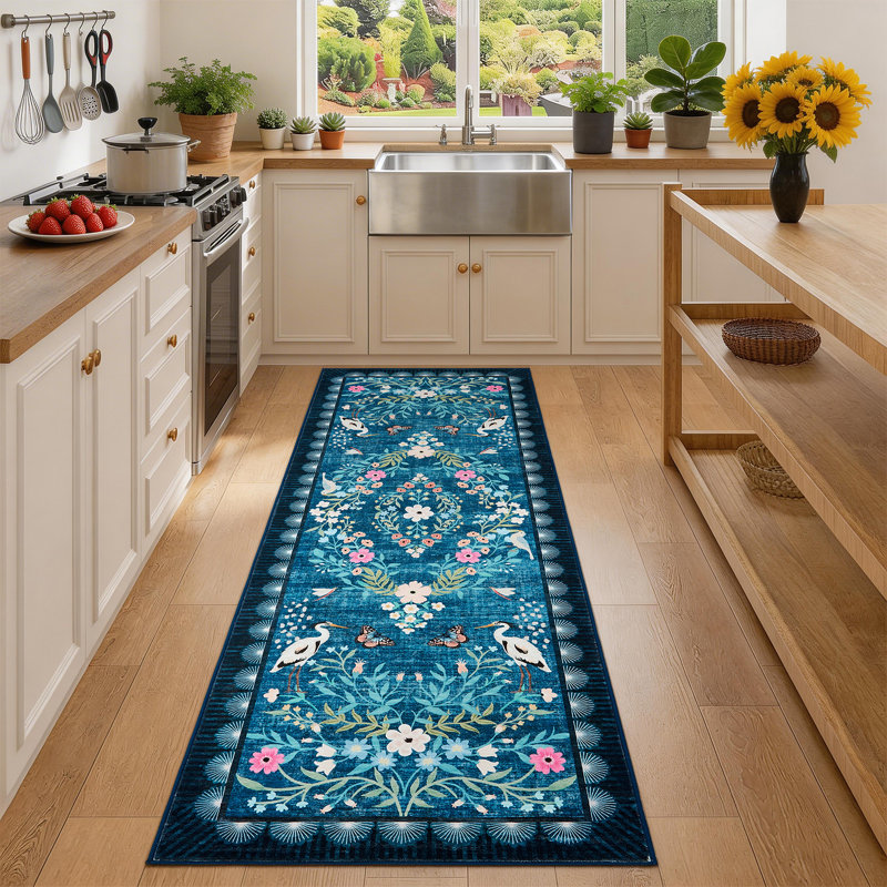 Vintage Floral Living Room Rugs 9x12, Soft Non Slip Area Rug for Bedroom, Botanical Low Pile Large Dining Room Rugs Stain Resistant Ultra Thin Home Decor Rug for Office Apartment, Blue Teal