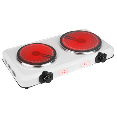 White 1800W Portable Infrared Electric Dual Burner - Countertop Double Hot Plate with 7.5" & 6.3" Glass Cooktops and Stepless Temperature Control