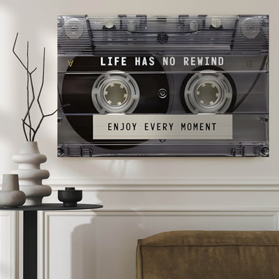 Framed Canvas Wall Art - Vintage Cassette Tape with Life Has No Rewind Text - 24" x 36" for Living Room and Bedroom