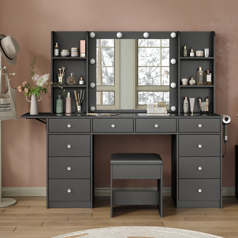 Makeup vanity With Mirror, vanity Desk With Power Outle, Makeup vanity With Lights, 3 Lighting Modes Adjustable, Makeup Table With Fold-Up Panel, 9 Drawers vanity Set