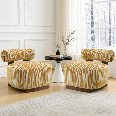 2-Pieces Zebra Strips Accent Chair With Cylindrical Back Chenille Upholstered Cozy Chair With Wood Frame Cute Chair For Living Room, Bedroom by LC HOME