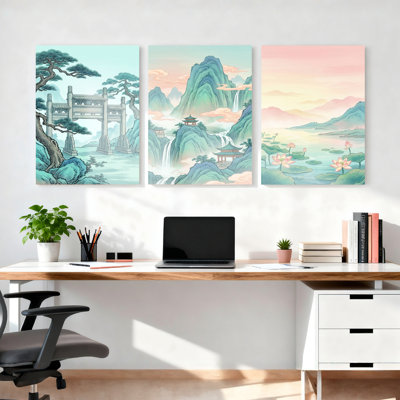 Paysage chinois avec pagode et cascade, reproduction d'art sur toile tendue sur toile, ensemble de 3, pour salon, chambre à coucher, décoration intérieure