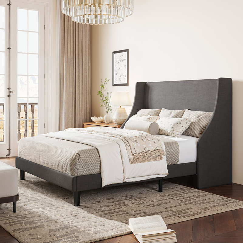 Bowdoin Modern Linen Upholstered Wingback Platform Bed with Wooden Slats, Dark Gray, Full