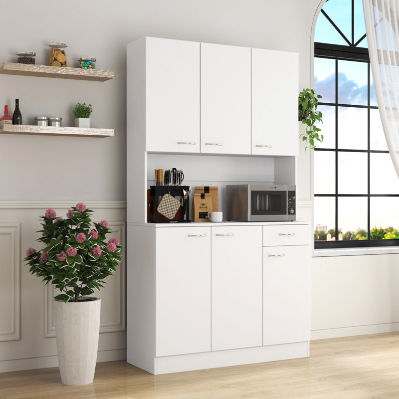 Armoire de cuisine Isildo avec portes, tiroir et tablettes ouvertes, Blanc