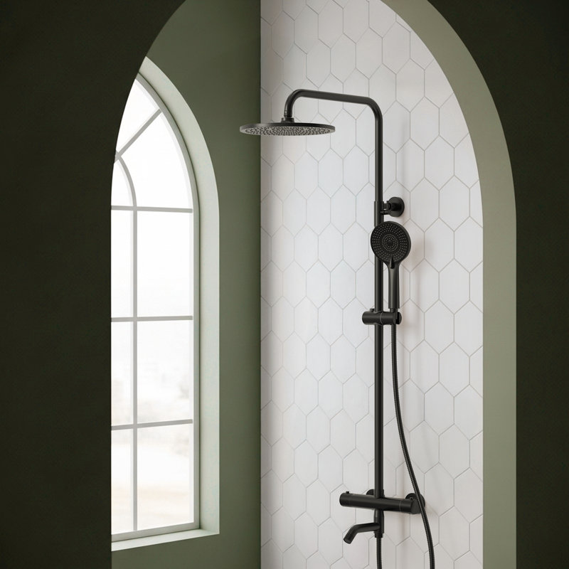 Thermostatic Shower System with 10" Rain Shower Head, Handheld Shower, and Tub Spout, Matte Black
