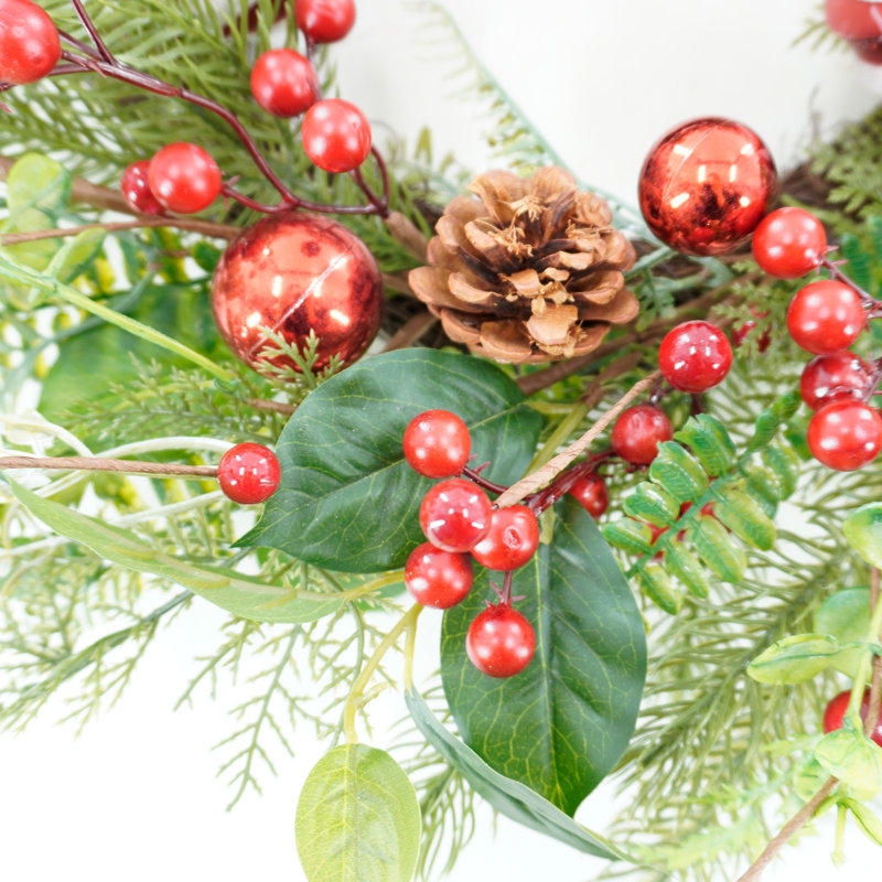 22"Red and White Glossy Decorative Balls with Berries and Pinecones Soft Pine Needle Christmas Wreath