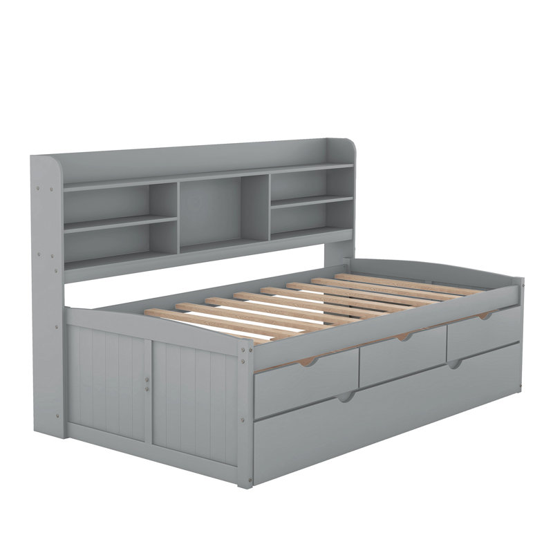 Twin Wooden Bed With Built-In Shelf Storage, 3 Storage Compartments And Trundle In Grey Book Spacious Drawers +, Gray