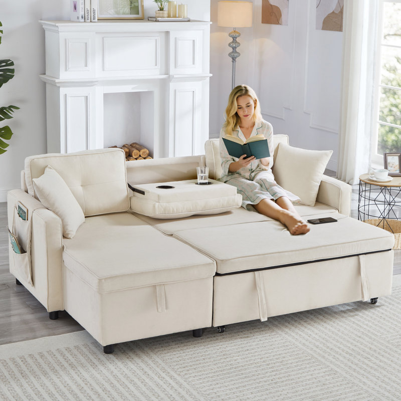 3 Seater Linen Sofa Bed, Beige