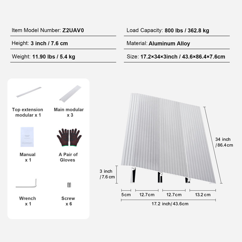 Door Threshold Ramp, 3" Rise, 800 lbs Load Capacity, Door Ramp for Wheelchairs, Aluminum Threshold Ramp for Doorways, Adjustable Modular Threshold Ramp for Wheelchairs, Scooters, Power Chairs