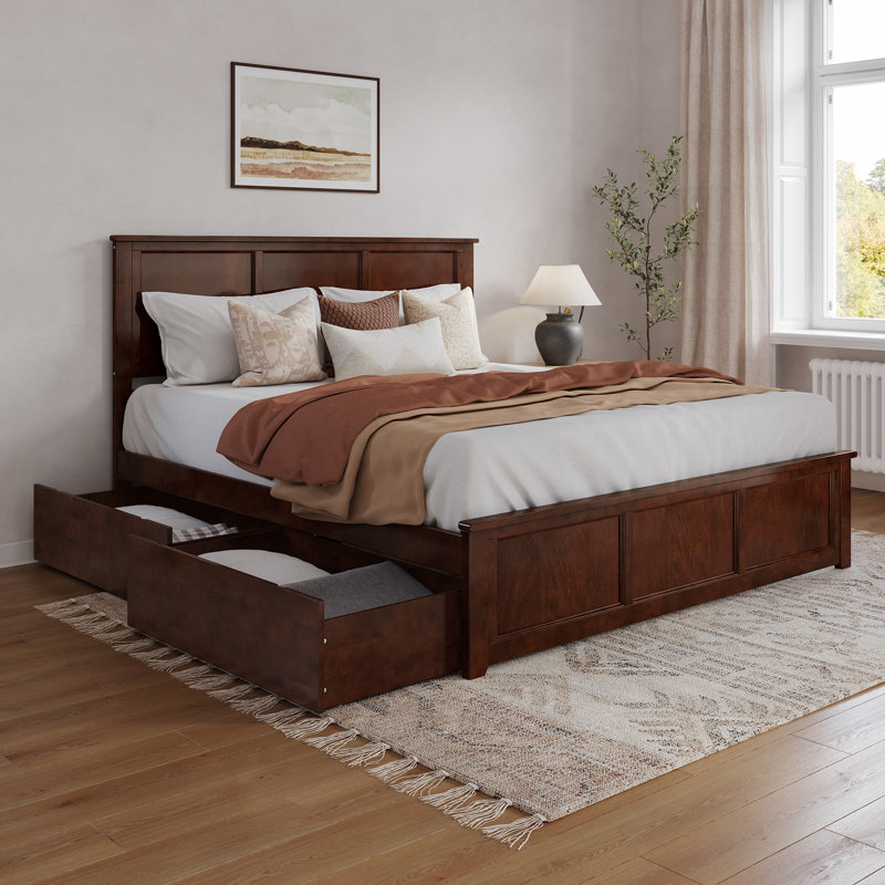 Madison Solid Wood Platform Bed with Matching Footboard & Storage Drawers , King, Walnut
