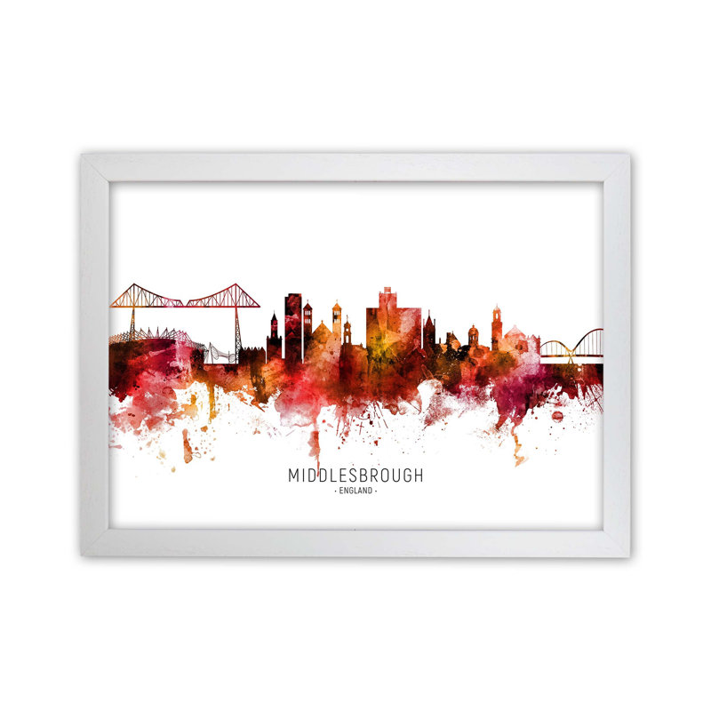 Middlesbrough Middlesbrough England Skyline Red City Name by Michael Tompsett - Print, White Framed
