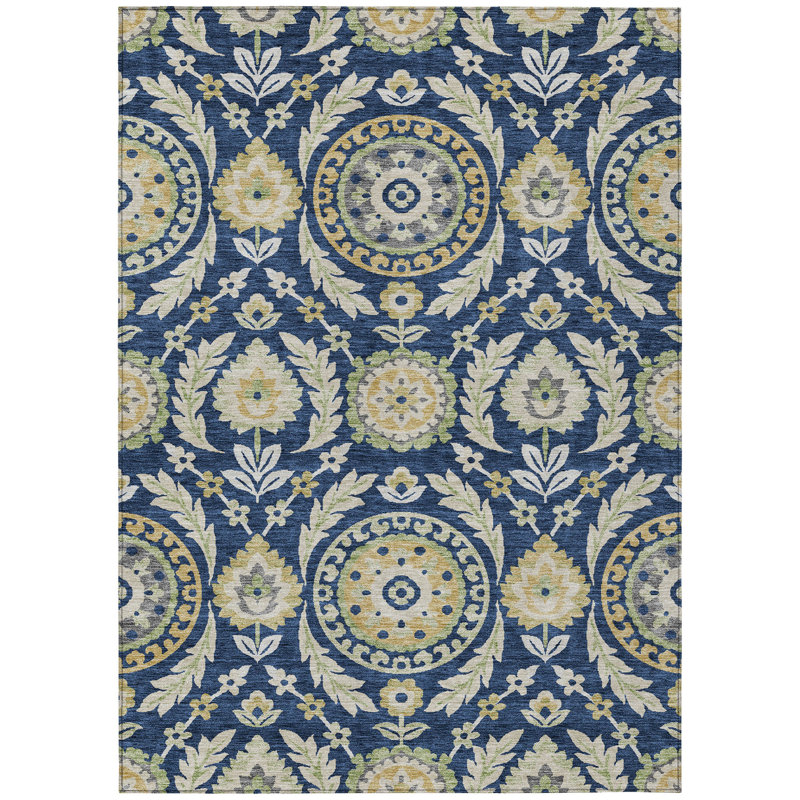 Tapis extérieur lavable floral bleu marine et beige 3 pi x 5 pi