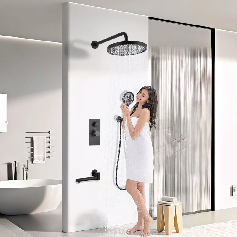 Système de pomme de douche à haute pression multifonctionnel de 10 pouces avec accessoires de pomme de douche à main et robinet cascade - noir mat