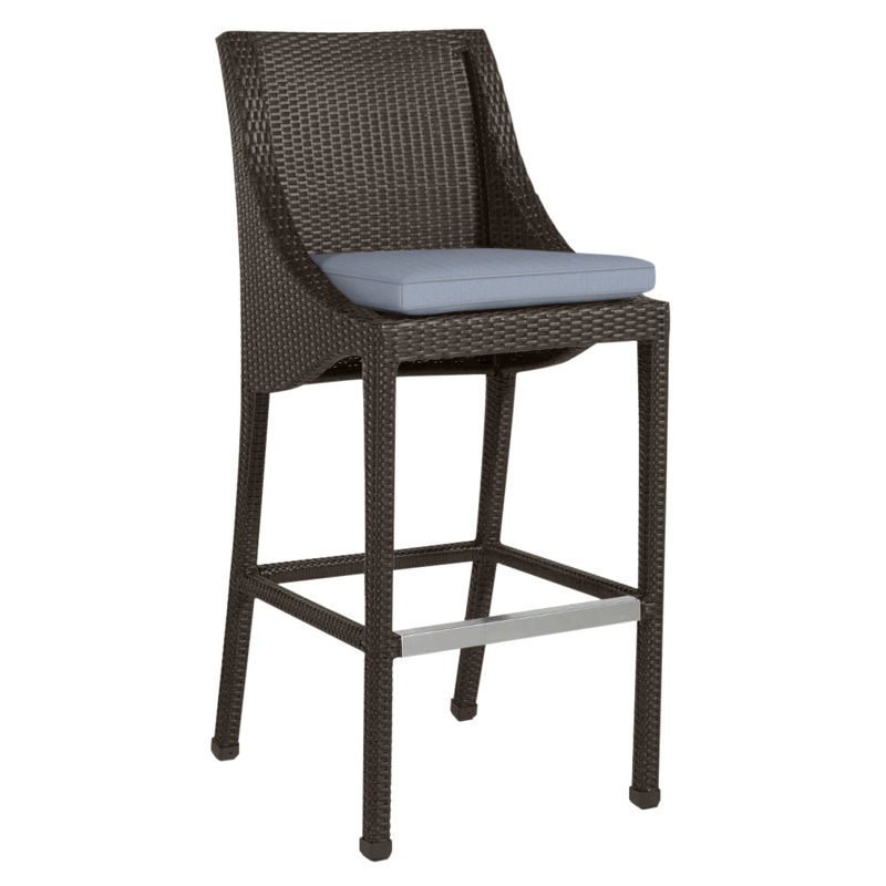 Athena Patio Bar Stool with Cushion, Welt, Black Walnut, Arbor Chambray Dove Sunbrella®