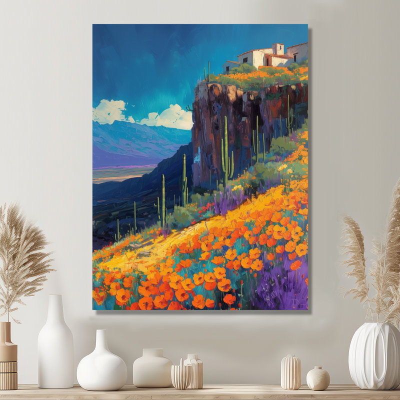 «Orange Blue Desert Cactus Landscape In Mexico III - Plants», reproduction d'art murale, Toile tendue